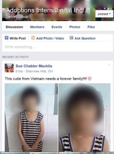 Screen Captures of posts made on a secret group for Adoptions International.  Faces and names were blurred to protect the innocent.
